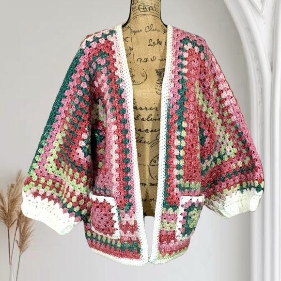 Handcrafted Crochet Granny Square Hexagon Sweater Cardigan New Open Front - Picture 10 of 12